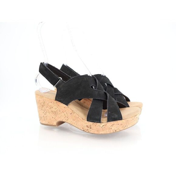 Clarks Rose Erin Strappy Cork Wedge Heel Platform Sandals Black Size 10M - Picture 1 of 10